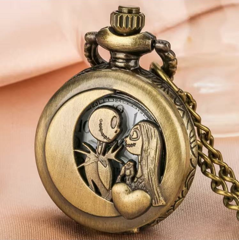 NIGHTMARE BEFORE CHRISTMAS VINTAGE BRONZE QUARTZ POCKET WATCH NECKLACE